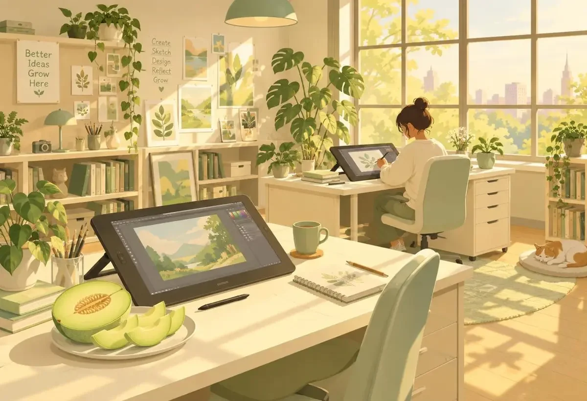 谜妹漫画 · 绿瓤夏梦创作工作室 谜妹漫画创作工作室插画,奶油色工作台与绿植阳光